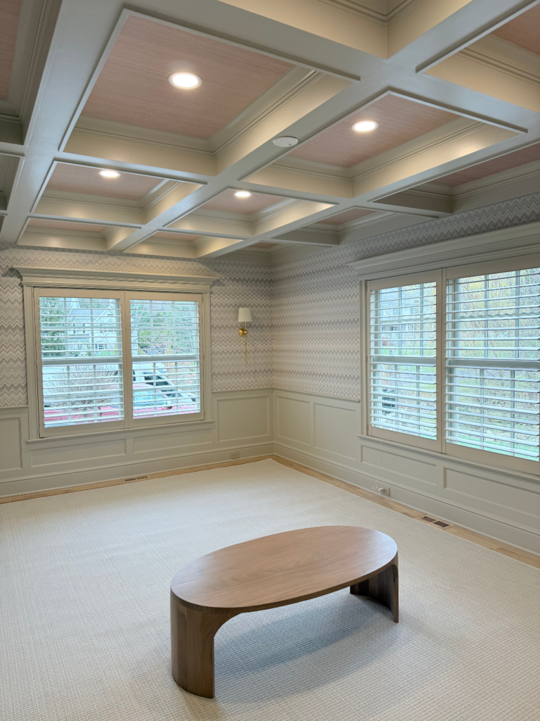 Interior painting project in New Canaan CT with coffered ceiling and custom room finish