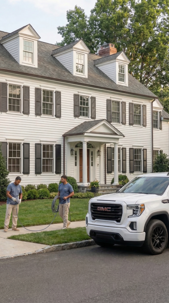 Close mobile view of Regal Line truck and crew setup outside a New Canaan home
