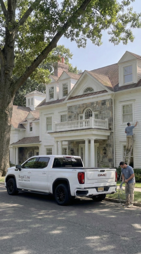 Close mobile view of Regal Line truck and exterior crew setup at a Westport home