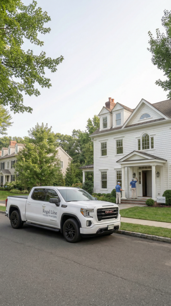 Close mobile view of Regal Line truck and crew setup outside a Wilton home