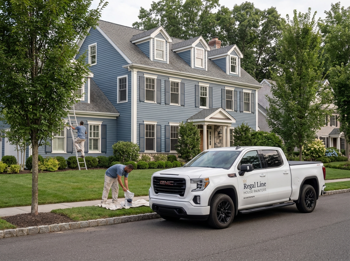 Crew and service truck working outside a polished Armonk residence