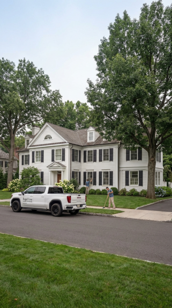 Close mobile view of Regal Line truck and crew setup outside a Greenwich home