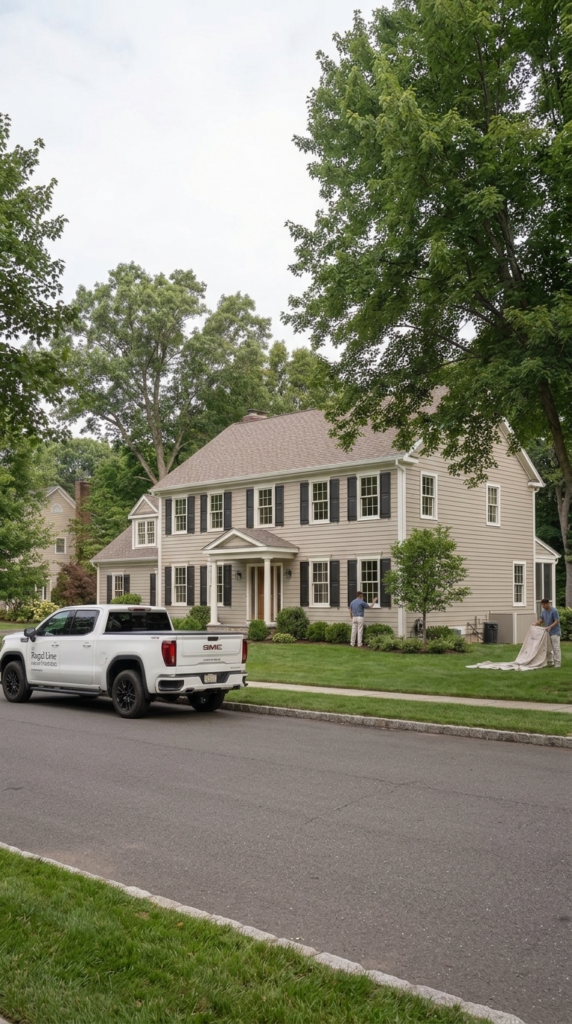 Tight mobile crop of truck and crew setup outside a Lewisboro home