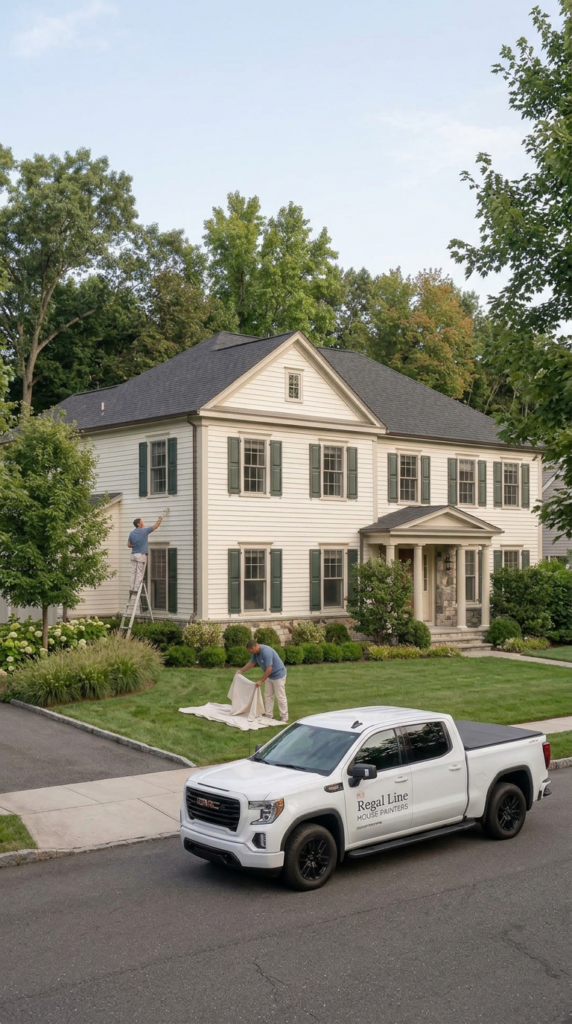 Tight mobile crop of truck and crew setup outside a Pound Ridge residence