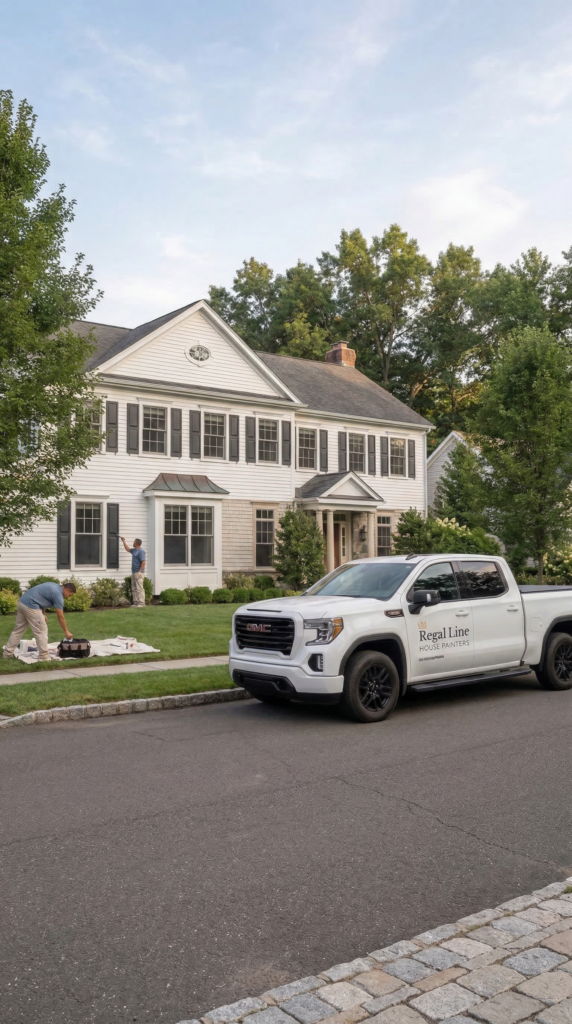 Close mobile view of Regal Line truck and crew setup outside a Trumbull home