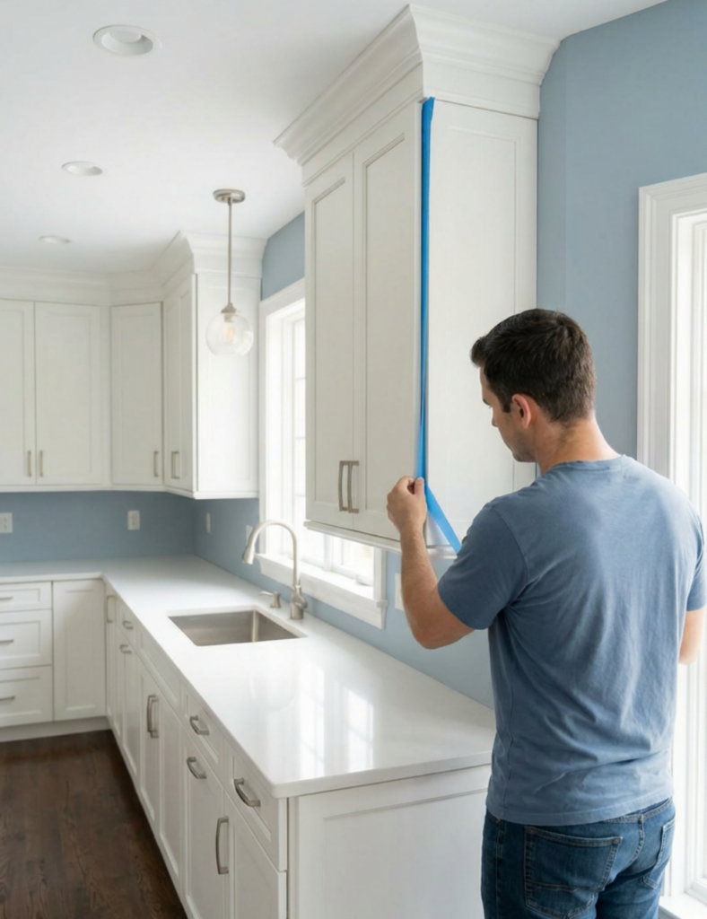 Painter masking cabinet edges before cabinet refinishing and enamel application