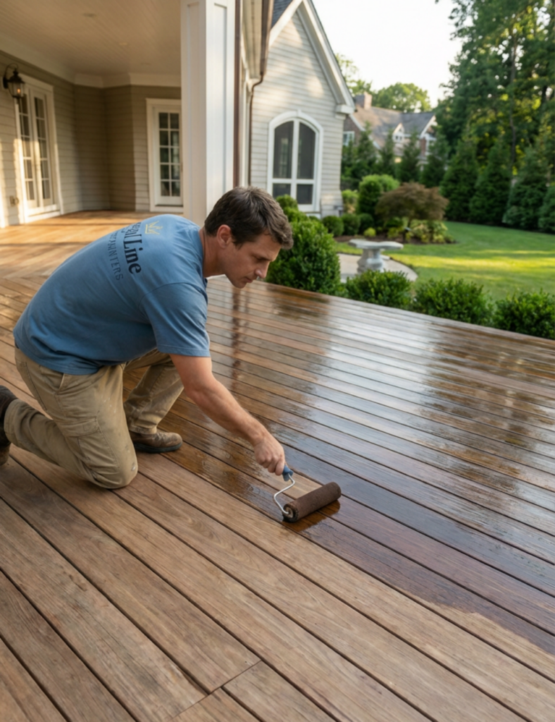 Technician applying stain evenly across weathered wood deck boards