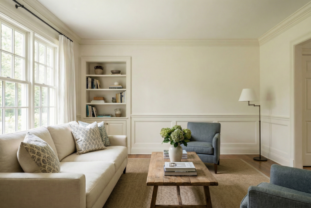 Bright finished living room with soft neutral walls, trim detail, and styled furniture
