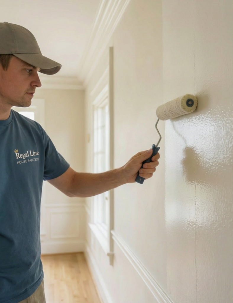 Painter rolling finish coat on an interior wall inside a residential room