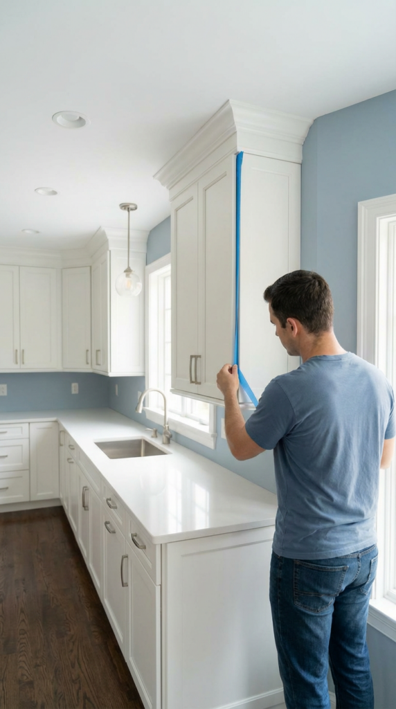 Painter masking cabinetry before refinishing in a Fairfield County kitchen