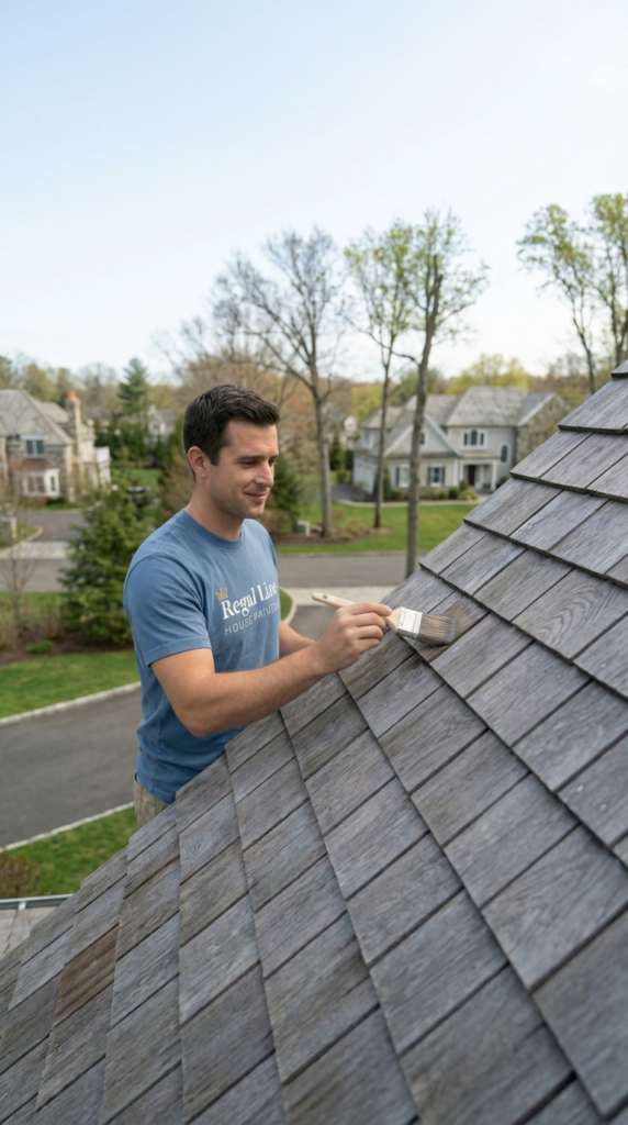 Technician applying treatment to cedar roof shingles on a Fairfield County home