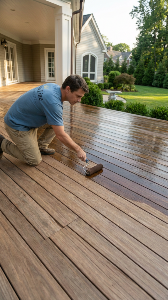 Technician applying stain across a wood deck on a Westchester County property