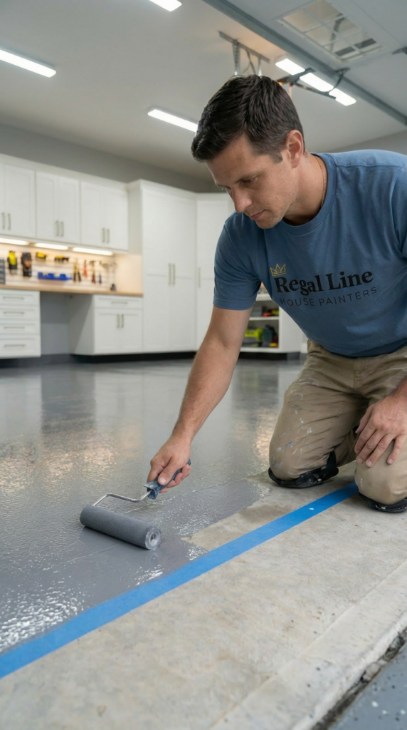 Installer applying epoxy coating on a concrete floor in a Fairfield County garage