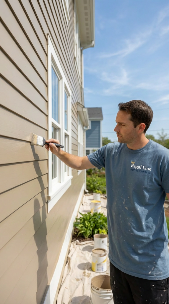 Painter applying exterior coating to siding on a Fairfield home