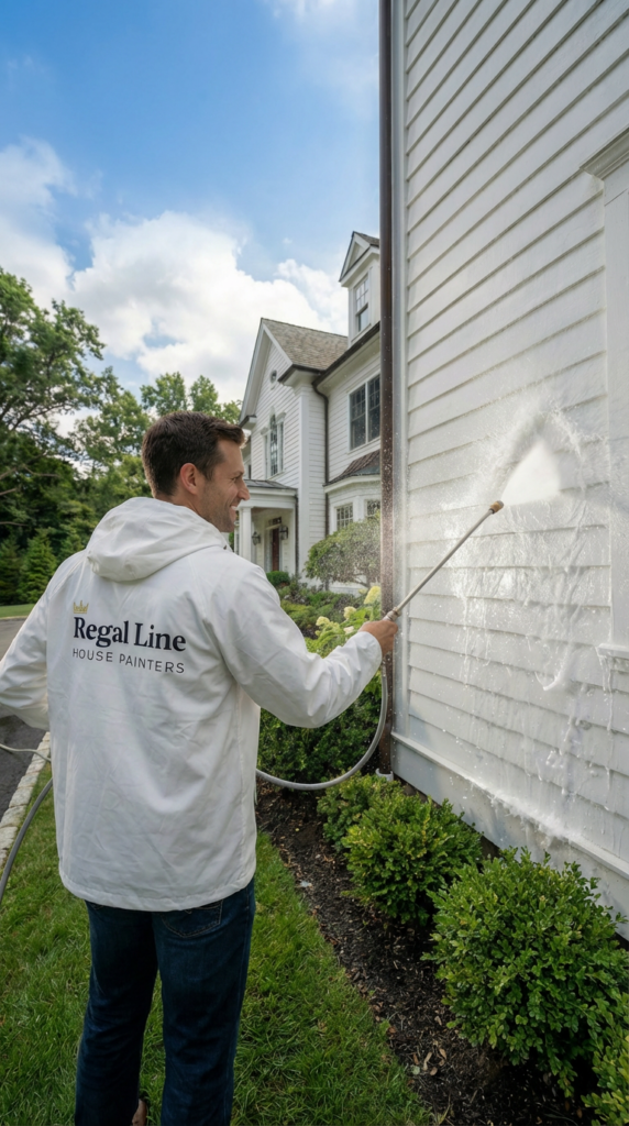 Technician power washing residential siding on a Westport home
