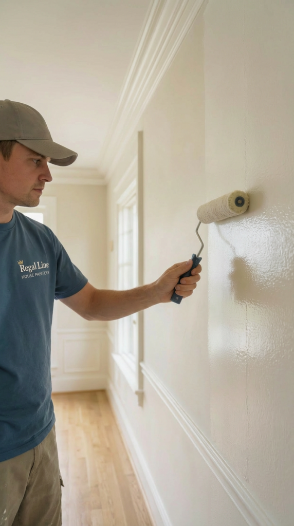 Interior painter applying finish coat inside a Westchester County residential room